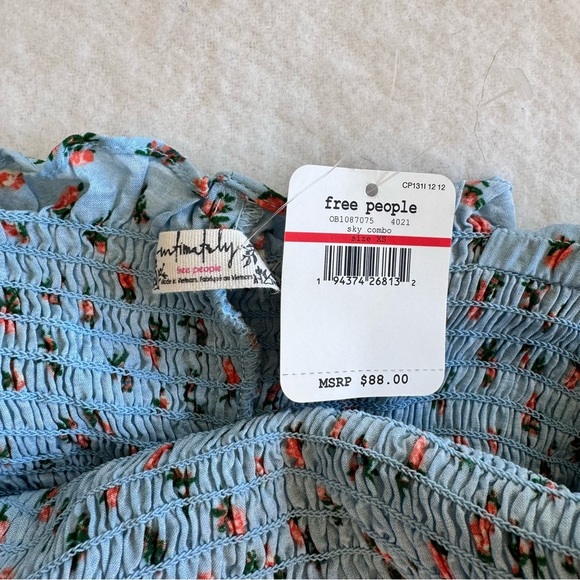 Free People Sky Blue Floral Smocked Square Neck Tie Shoulder Dress Size XS - Picture 4 of 7